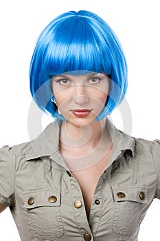 Woman in blue wig