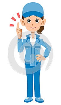 Woman in blue workwear holding index finger