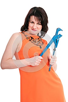 Woman with blue wrench