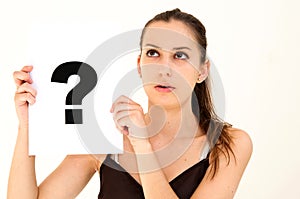 Woman with board question mark