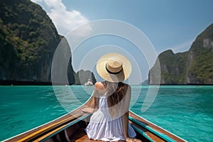 Woman boat thailand summer. Generate Ai