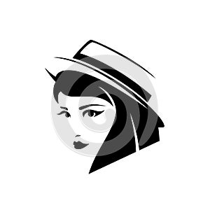 Woman in boater hat with short hair black vector portrait