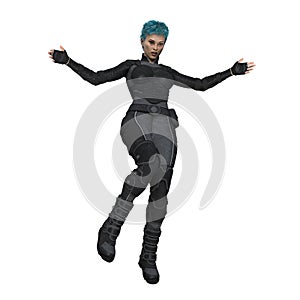 Woman in body armour in a leaping or jumping pose