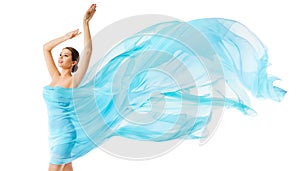 Woman Body Beauty Flying Blue Cloth, Fashion Model in Long Waving Dress, Girl in Fluttering Fabric