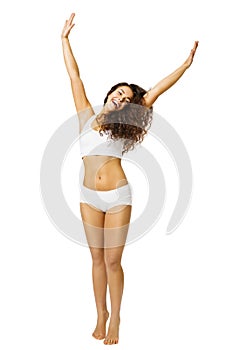 Woman Body Beauty, Happy Model in White Underwear Arms Up, Beaut