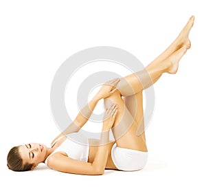 Woman Body Beauty, Lying Girl Touch Legs Skin, White Underwear