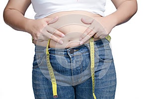 Woman body fat overweight squeeze tighten.