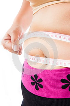 Woman body with measuring tape isolated in white