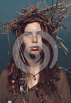 Woman in Boho Fashion with Head Wear Crown of Hay