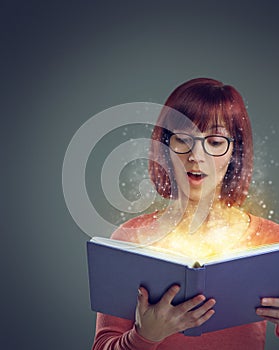 Woman, book and read for story, fairytale and wow facial expression for glowing and sparkle on mockup. Young person and