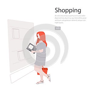 Woman in Book store vector illustration. People retail library. Bookshelf business ui ux design. studing, educatio