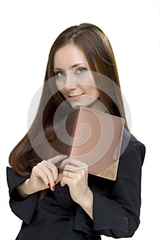 Woman with book on white background