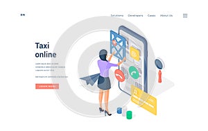 Woman booking taxi through smartphone app. Isometric vector illustration