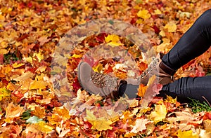 Woman with boots and jeans sitting in autumn leaves on the ground