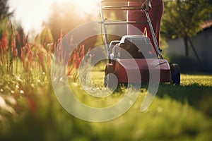 woman in boots and protective workwear cutting the grass with a riding lawnmower on a sunny day