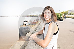 woman in Bordeaux France in tourisme day near river Garonne quays