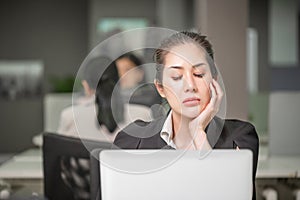 Woman bored after work, unmotivated employee feels disinterested, asian business girl with boring working moment