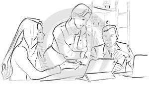 Woman boss working in the office with her team. Vector line arts