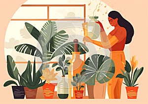 woman botanist entrepreneur hobby flower indoor houseplant gardener florist pot potted. Generative AI.