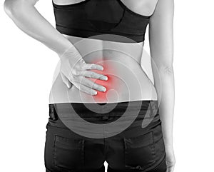 Woman with both palm around back to show pain and injury on back