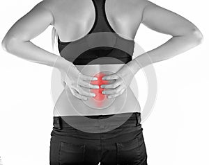 Woman with both palm around back to show pain and injury on back