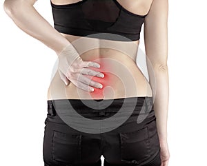 Woman with both palm around back to show pain and injury on back