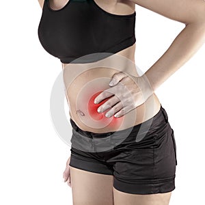 Woman with both palm around waistline to show pain on belly area