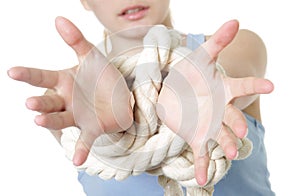 Woman with bounded hands