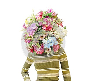 Woman with bouquet of flowers instead of head. photo