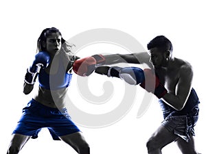 Woman boxer boxing man kickboxing silhouette