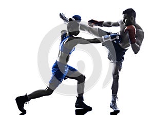 Woman boxer boxing man kickboxing silhouette isolated