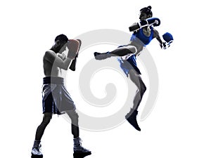 Woman boxer boxing man kickboxing silhouette isolated