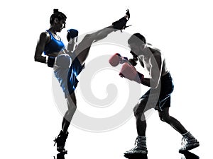 Woman boxer boxing man kickboxing silhouette isolated