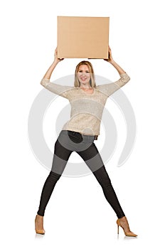Woman with boxes relocating to new house isolated photo
