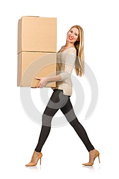 Woman with boxes relocating to new house photo