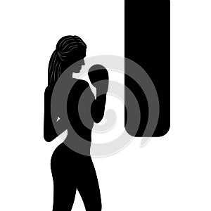 Woman boxing with black punching bag, icon in vector