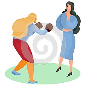 A woman in boxing gloves attacks another woman, she stands calm and tries to listen and understand what is happening