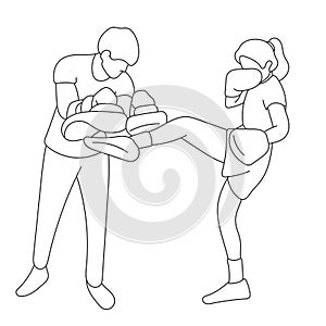 woman boxing training exercise with male trainer illustration vector hand drawn isolated on white background