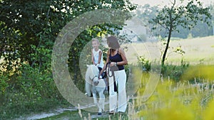 A woman and a boy are walking around the field, son is riding a pony, mother is holding a pony for a bridle. Cheerful