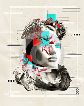 Woman with brain overlay and abstract accents on textured background. Conceptual art. Neuroscience, beauty and