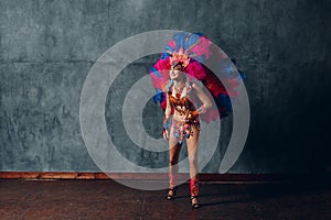 Woman in brazilian samba carnival costume with colorful feathers plumage