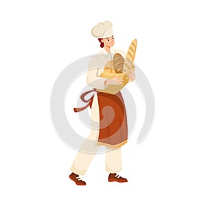 Una mujer pan panadero en uniforme a llevar fresco una barra de pan a pasteles ilustraciones 