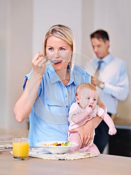 Woman, breakfast and thinking with baby in morning for daily routine, planning and eating in kitchen. Mother, infant and