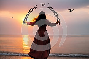 Woman Breaking Chains at Sunrise. Freedom concept. 3D Render.