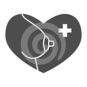Woman breast care solid icon. Female bubs in heart shape with medicine cross glyph style pictogram on white background