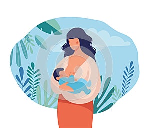 Woman breastfeeding a baby on a natural background. Mom holds the baby in her arms and feeds with breast milk. Flat
