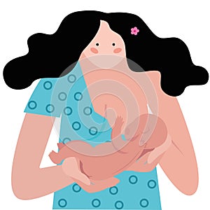 Woman breastfeeding baby on white background