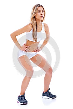 Woman, breath or thinking of fitness, workout or exercise for strength, health or wellness in studio. Female person