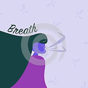 Woman breathing fresh air. inhale exhale concept. breath activity. stress relief. meditation and relaxation