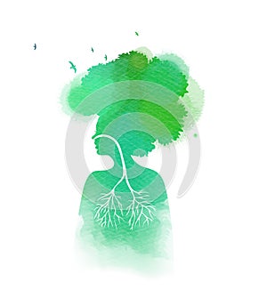 Woman breathing in a natural and healthy environment silhouette on watercolor background. Her lungs and her  head are branches of